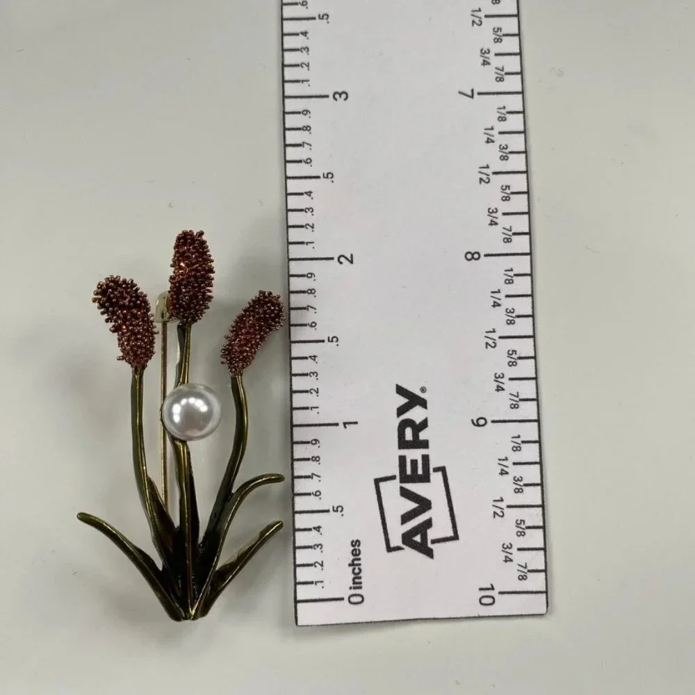Cattail Enamel Brooch with Faux Pearl